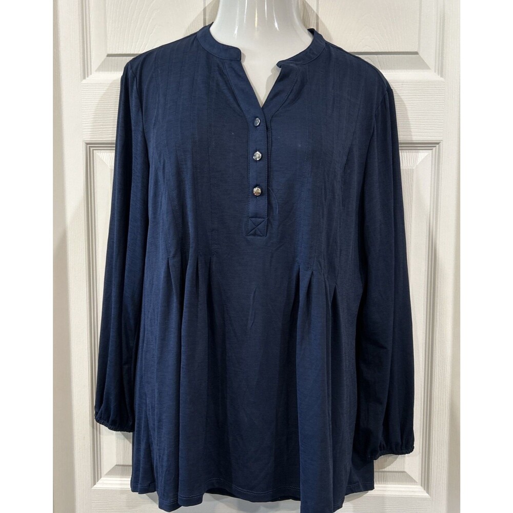 Wonderly Navy Blue Stretch Knit Tunic Blouse Pleated Career Wear Plus Size XXL